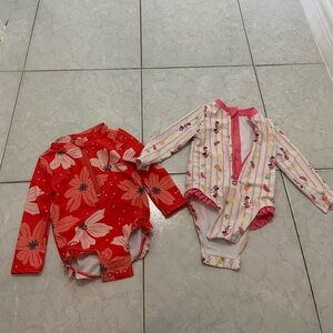 Infant girl rash guard swimsuits set of 2. Disney Minnie Mouse & red florals.
